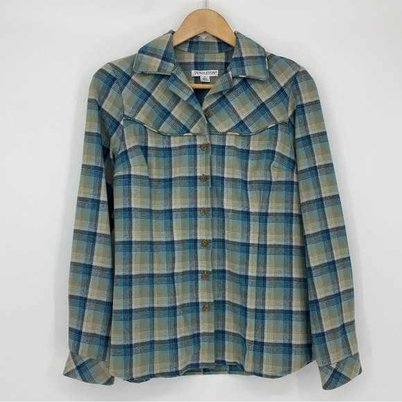 Pendleton Turquoise Blue Plaid 100% Virgin Wool Button-Up Shirt Wms sz Medium - Picture 11 of 12